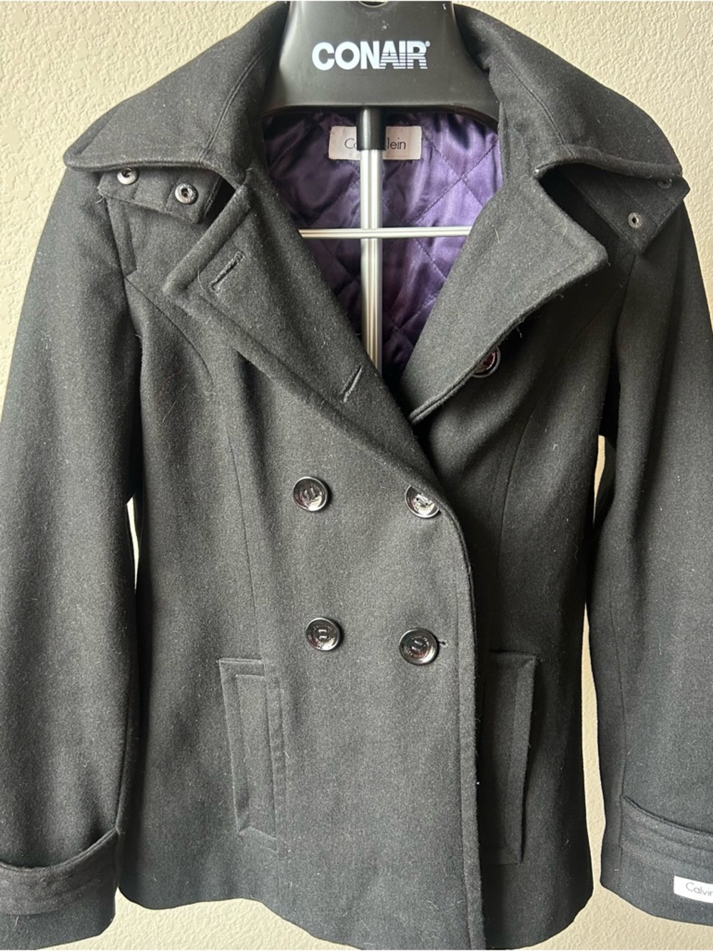 Calvin Klein Black Double-Breasted Wool Peacoat with Quilted Lining